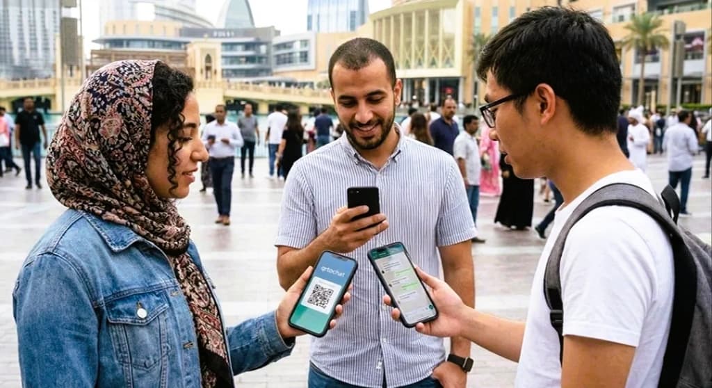 Group of people scanning QR codes and chatting on phones